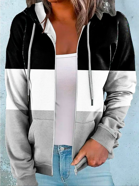 

Women’s’ Color Block Loose Simple Hoodie Coat, Black, Outerwear
