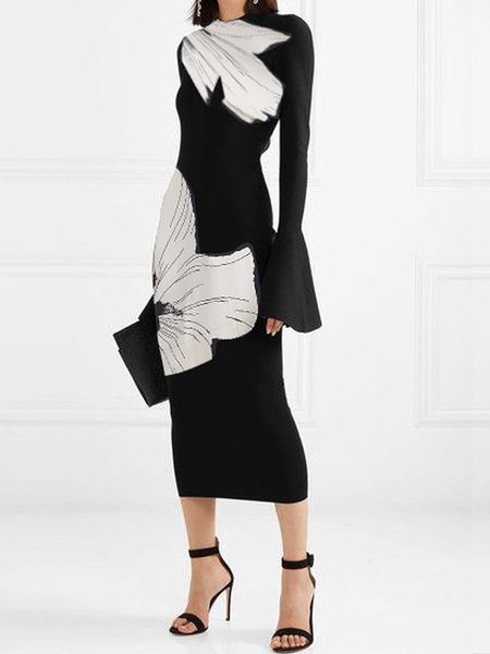 

High Elasticity Elegant Crew Neck Long Sleeve Tight Maxi Dress, Black, Maxi Dresses
