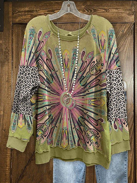 

Crew Neck Loose Ethnic Casual Sweatshirt, Green, Sweatshirts & Hoodies