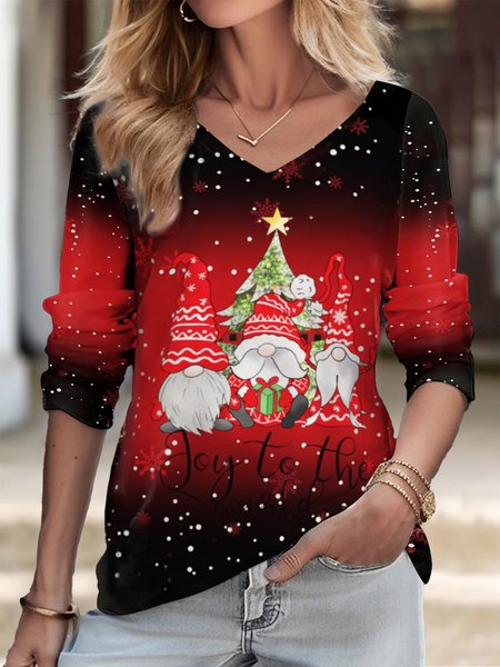 Casual Loose V Neck Christmas T-Shirt, Red, T-Shirts