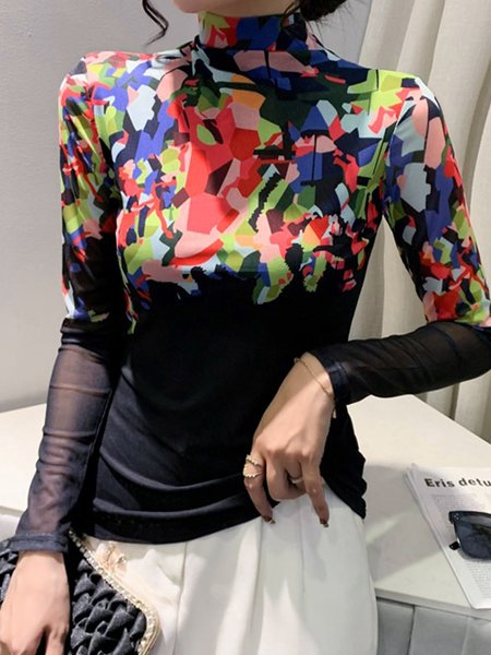 

Colorblock Stand Collar Urban Long Sleeve Regular Fit Shirt, Black, Blouses and Shirts