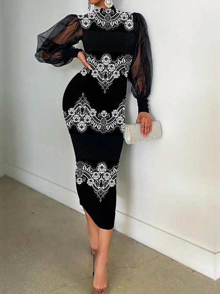 

High Elasticity Turtleneck Color Block Long Sleeve Elegant Maxi Dress, Black, Maxi Dresses