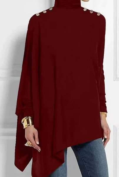 Turtleneck Long Sleeve Plain Buttoned Regular Micro-Elasticity Regular Fit Shirt For Women, Red, Blouses