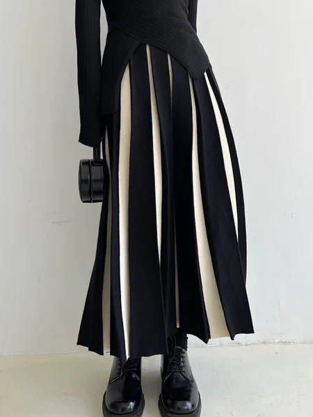 

Color Block Long Urban Loose Skirt, Black-white, Skirts