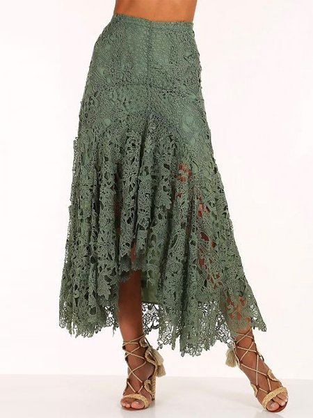Boho Lace A-Line Natural Lace Maxi Skirt, Green, Skirts
