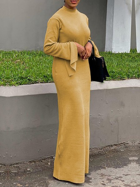 

Plain Regular Fit Urban Stand Collar Dress, Yellow, Maxi Dresses