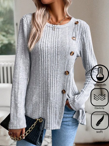Women Plain Crew Neck Casual Long Sleeve T-shirt, Gray, Long Sleeves