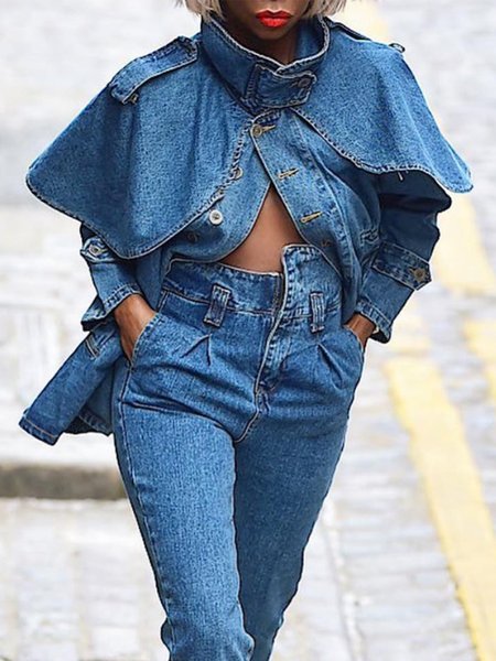 

Stand Collar Long Sleeve Urban Denim Coat, Blue, Outerwear