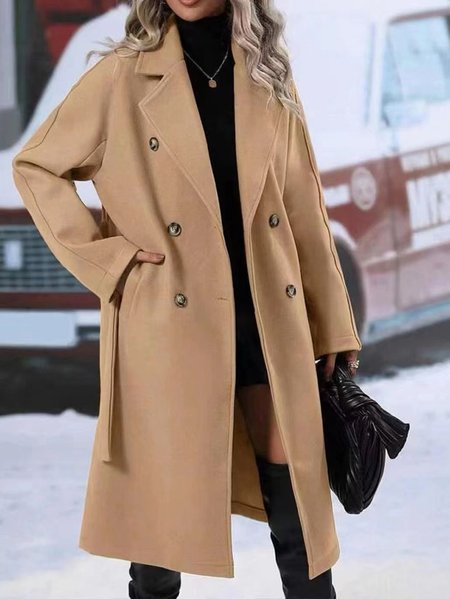 Shawl Collar Long Sleeve Plain Regular Micro-Elasticity Loose Coat For Women, Khaki, Coats