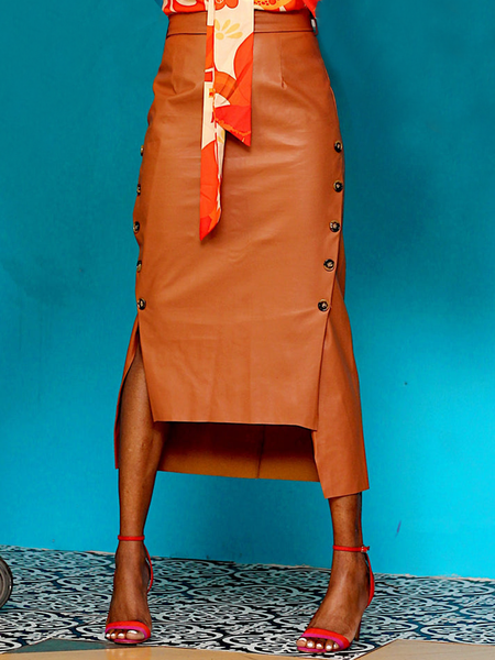 

PU Micro-Elasticity Plain Regular Fit Elegant Faux Leather Midi Skirt, Orange, Skirts