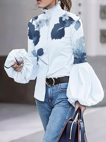 

Lantern Sleeve Urban Floral Print Regular Fit Blouse, White, Blouses and Shirts
