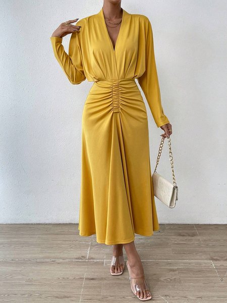 

Plain Elegant Regular Fit V Neck Ruched Dress, Yellow, Maxi Dresses