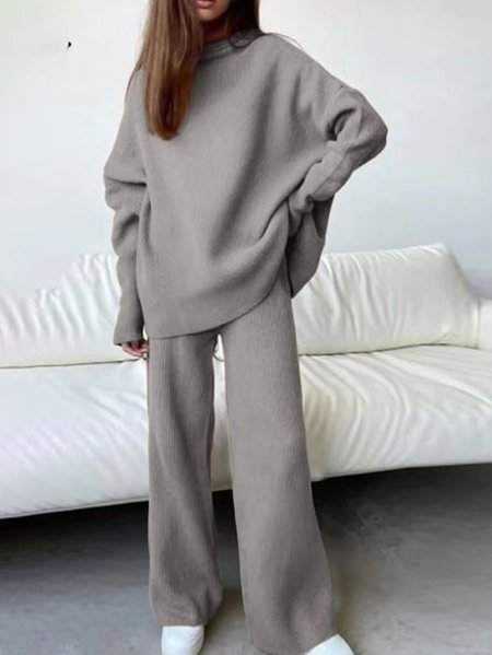 

Women Plain Turtleneck Long Sleeve Comfy Casual Top With Pants Two-Piece Set, Gray, Sets