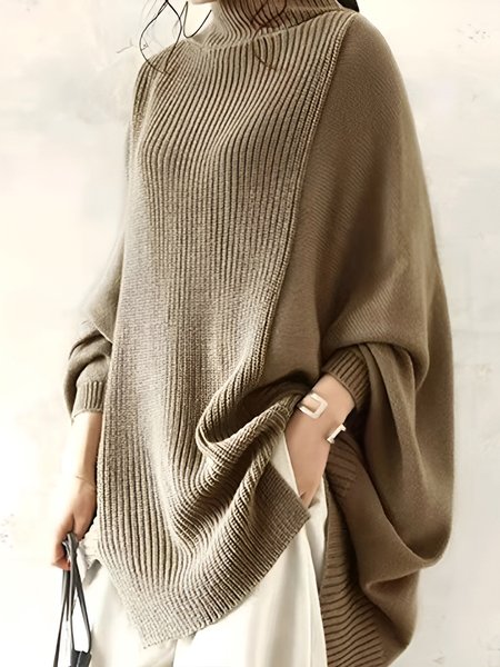 Urban Plain Loose Stand Collar Long Sleeve Sweater, Coffee, Pullovers