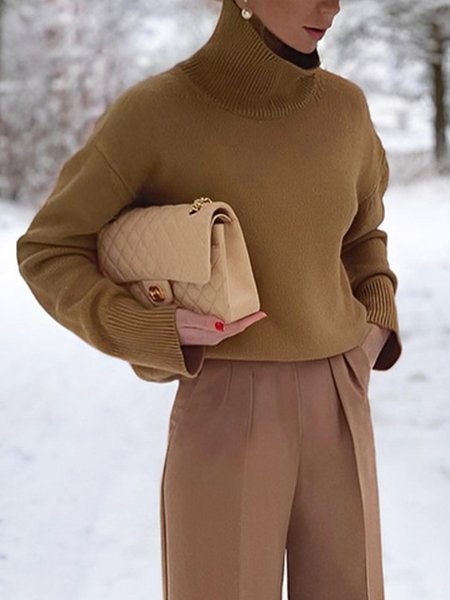 

Urban Simple Turtleneck Plain Long Sleeve Sweater, Brown, Pullovers