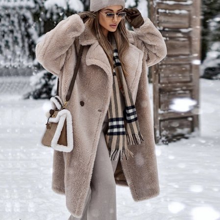 

Shawl Collar Long Sleeve Plain Thicken Micro-Elasticity Loose Teddy Jacket For Women, Camel, Coats