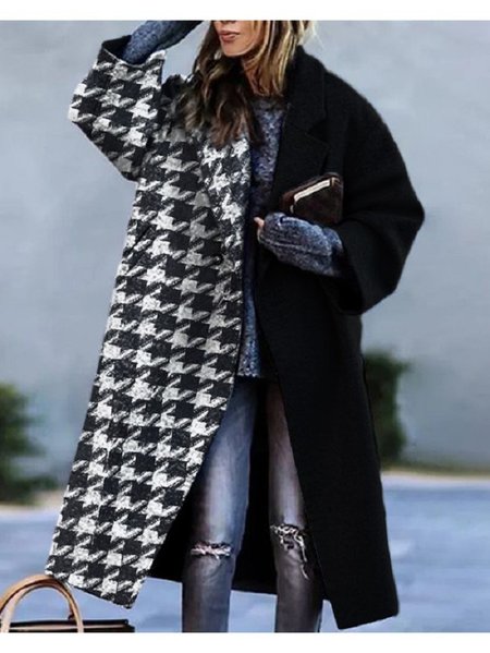

Shawl Collar Long Sleeve Geometric Regular Loose Coat For Women, Black-white, Coats
