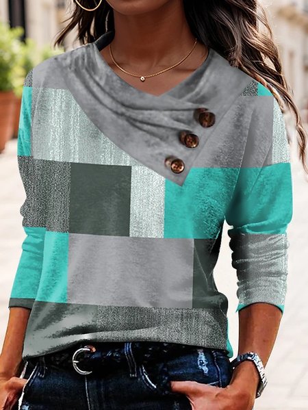 

Casual Color Block V Neck Long Sleeve T-shirt, Green, T-shirts