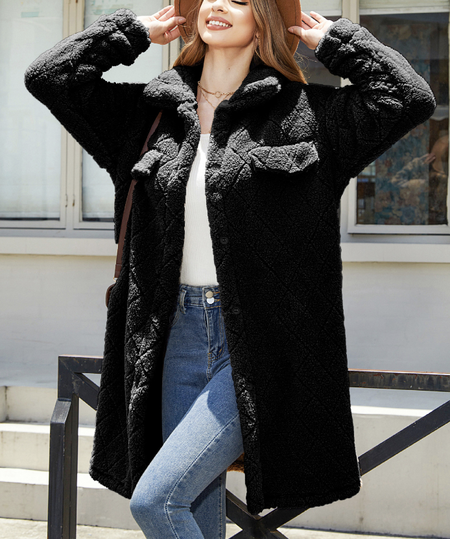 

Shawl Collar Long Sleeve Plain Thicken Micro-Elasticity Loose Teddy Jacket For Women, Black, Coats
