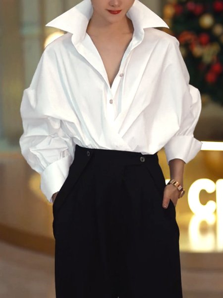 

Plain Shirt Collar Loose Urban Blouse, White, Blouses and Shirts