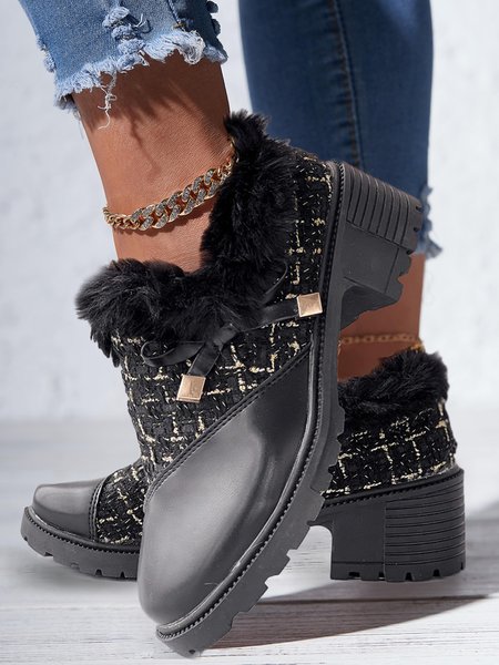 

Elegant Bowknot Tweed Plaid Paneled Block Heel Slip On Shoes, Black, Flats