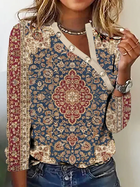 

Casual Buckle Ethnic Asymmetrical Collar T-Shirt, Multicolor, Long sleeves