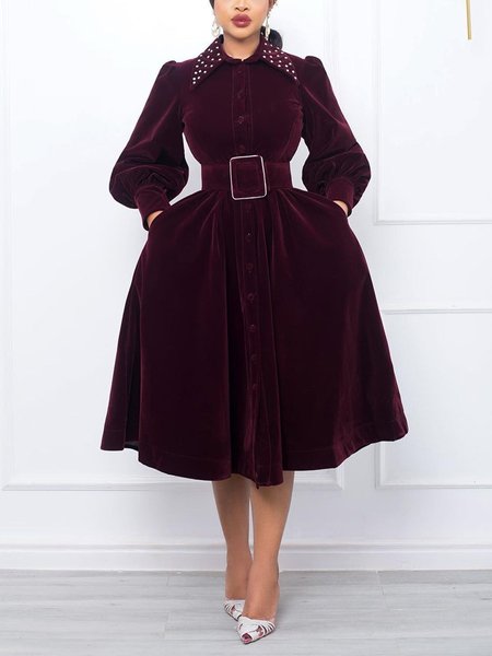 

Pocket Stitching Shirt Collar Long Sleeve Elegant Plain Dress With Belt, Wine red, Midi Dresses