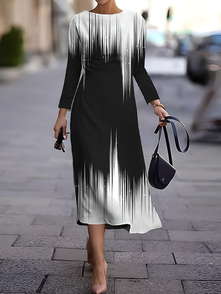 

Women Color Block Crew Neck Long Sleeve Comfy Casual Maxi Dress, Black-white, Dresses