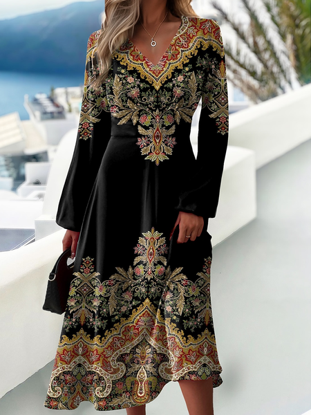 

Women Ethnic V Neck Long Sleeve Comfy Casual Maxi Dress, Black, Dresses