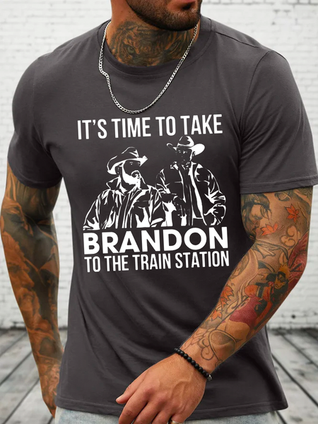 

Funny Word It's Time To Take Brandon To The Train Station Cotton Text Letters Casual Loose T-Shirt, Deep gray, T-shirts
