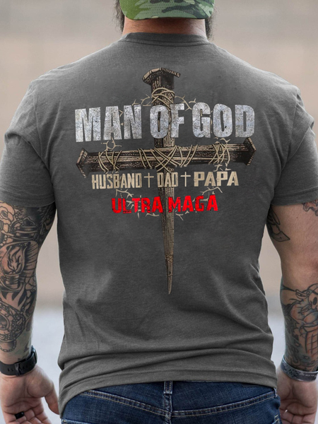 

Man of God - Husband Dad Papa - Ultra MAGA Crew Neck Cotton Casual Text Letters T-Shirt, Deep gray, T-shirts