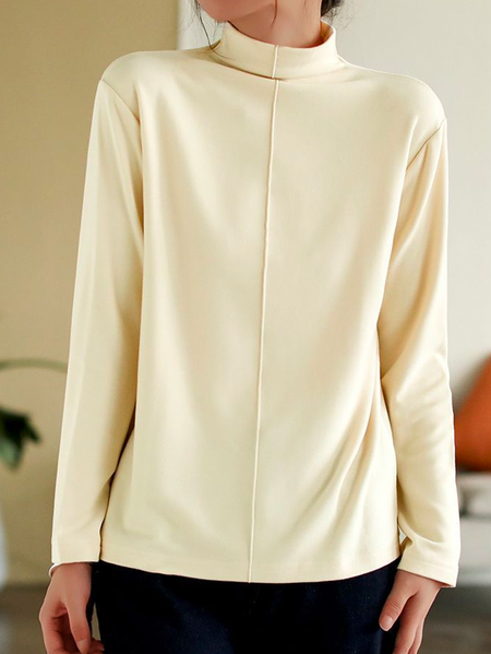 

Women Plain Half Turtleneck Casual Long Sleeve T-shirt, Beige, Long Sleeves