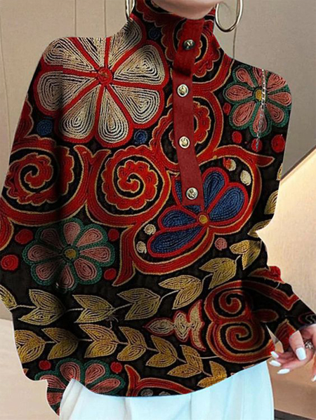 

Plus Size Long Sleeve Abstract Turtleneck Urban Shirt, Red, Plus Tops
