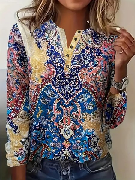 

Buckle Ethnic Casual Notched T-Shirt, Multicolor, Long sleeves