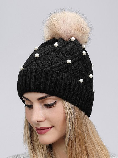 

Imitation Pearl Fuzzy Ball Knitted Hat, Black, Women Hats