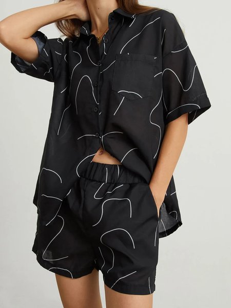 

JFN Cotton & Linen Geometric Print Two Piece Shorts Set, Black, Suit Set