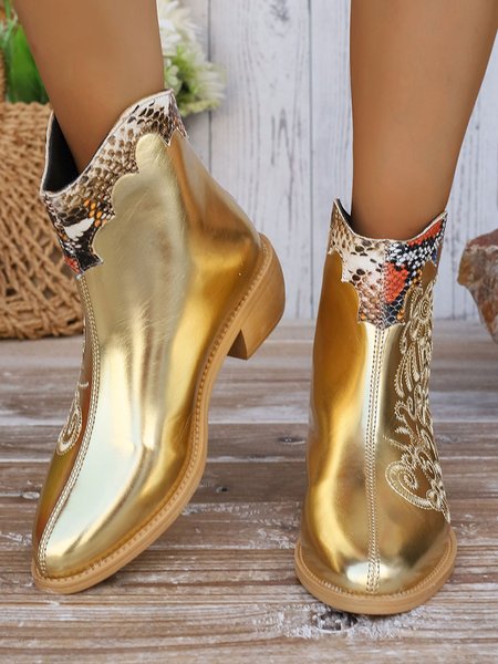 Floral Embroidery Snakeskin Paneled Fashion Boots
