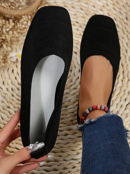 

High-Elastic Mesh Fabric Square Toe Comfy Shallow Shoes, Black, Flats