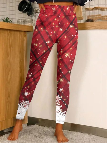 

Casual Plaid Ankle Pants Legging, Red, Leggings