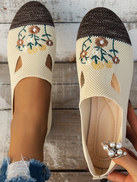

Women Floral Embroidery Comfy Hollow Out Mesh Fabric Slip On Shoes, Coffee, Flats