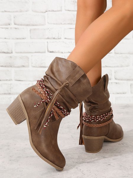

Vintage Braided Tassel Ruched Western Boots, Brown, Boots