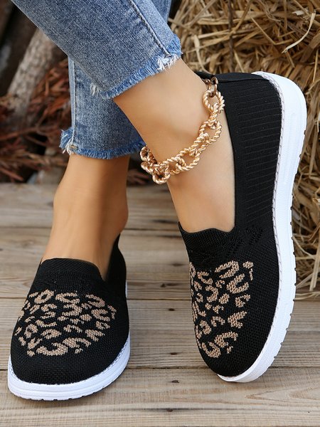 

Leopard Breathable Mesh Fabric Slip On Shoes, Black, Flats