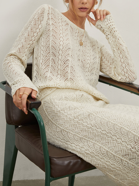 Elegant Crew Neck Two-Piece Set, Apricot, Suit Set