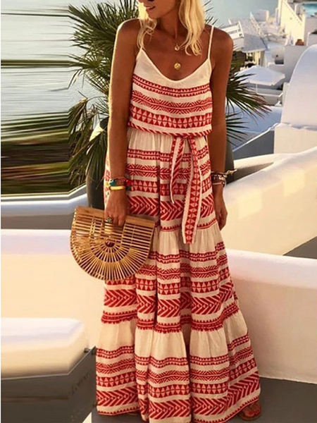 

JFN Cotton & Linen Vacation Ethnic Spaghetti Dress, Red, Dresses