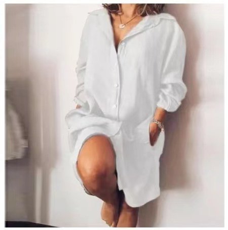 

JFN Cotton & Linen Casual Loose Plain Shirt Collar Dress, White, Dresses
