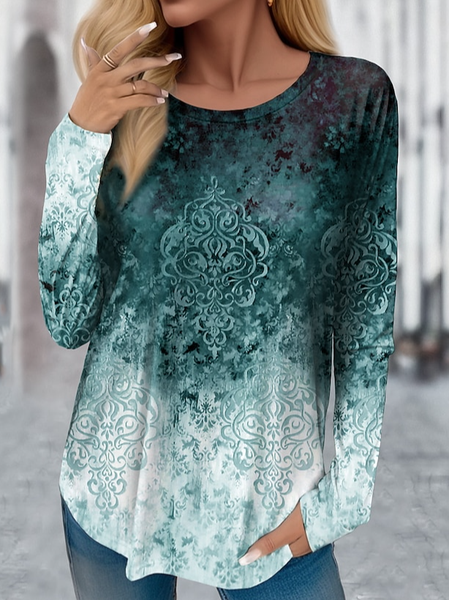 

Crew Neck Ethnic Casual Loose T-Shirt, Green, Long sleeves