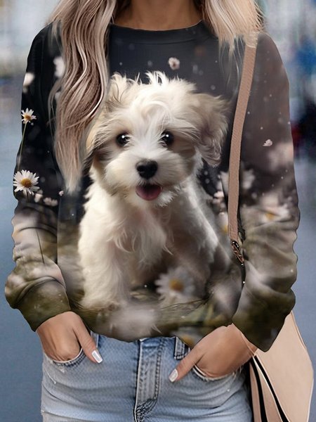 

dog print casual sweatshirt, Black, Long sleeves