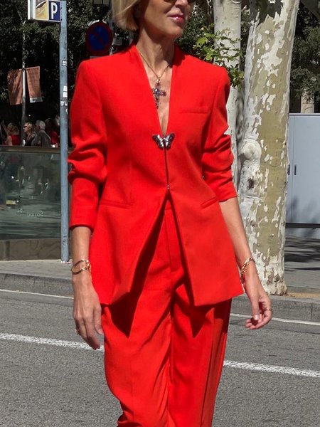 

V Neck Elegant Regular Fit Blazer, Red, Blazers