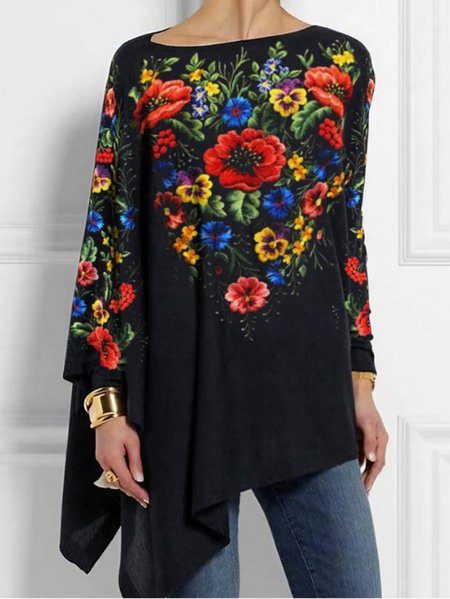 

Crew Neck Long Sleeve Abstract Asymmetric Regular Micro-Elasticity Loose Shirt For Women, Color3, Blouses