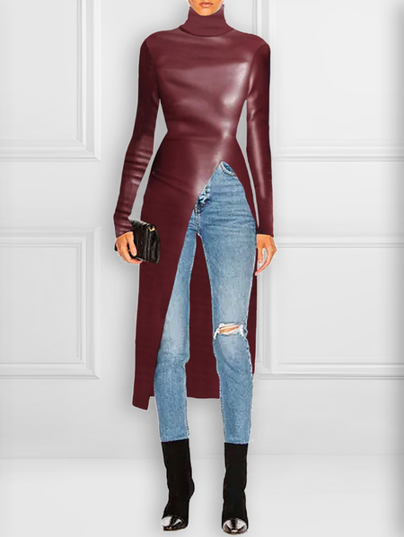 

Plus Size Regular Fit Urban Plain Turtleneck Leather Top, Crimson, Leather Tops